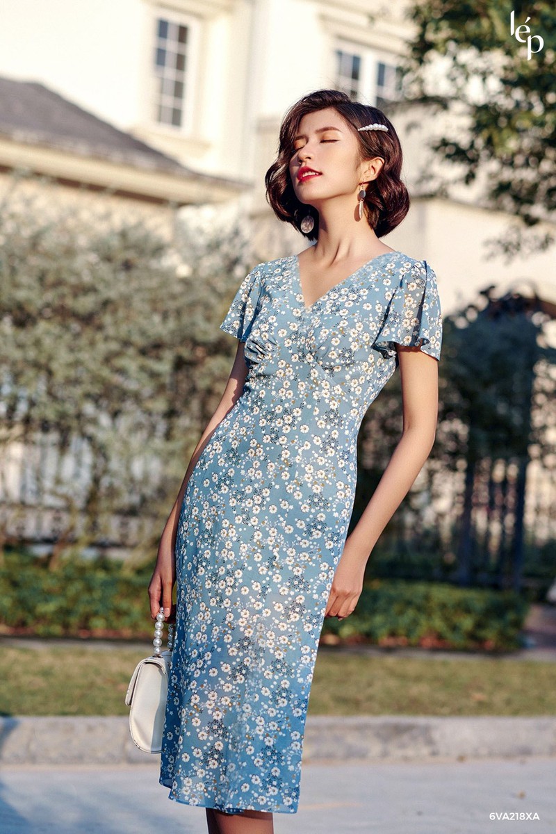 [HCM]ĐẦM MAXI HOA  CỔ TIM BLUE