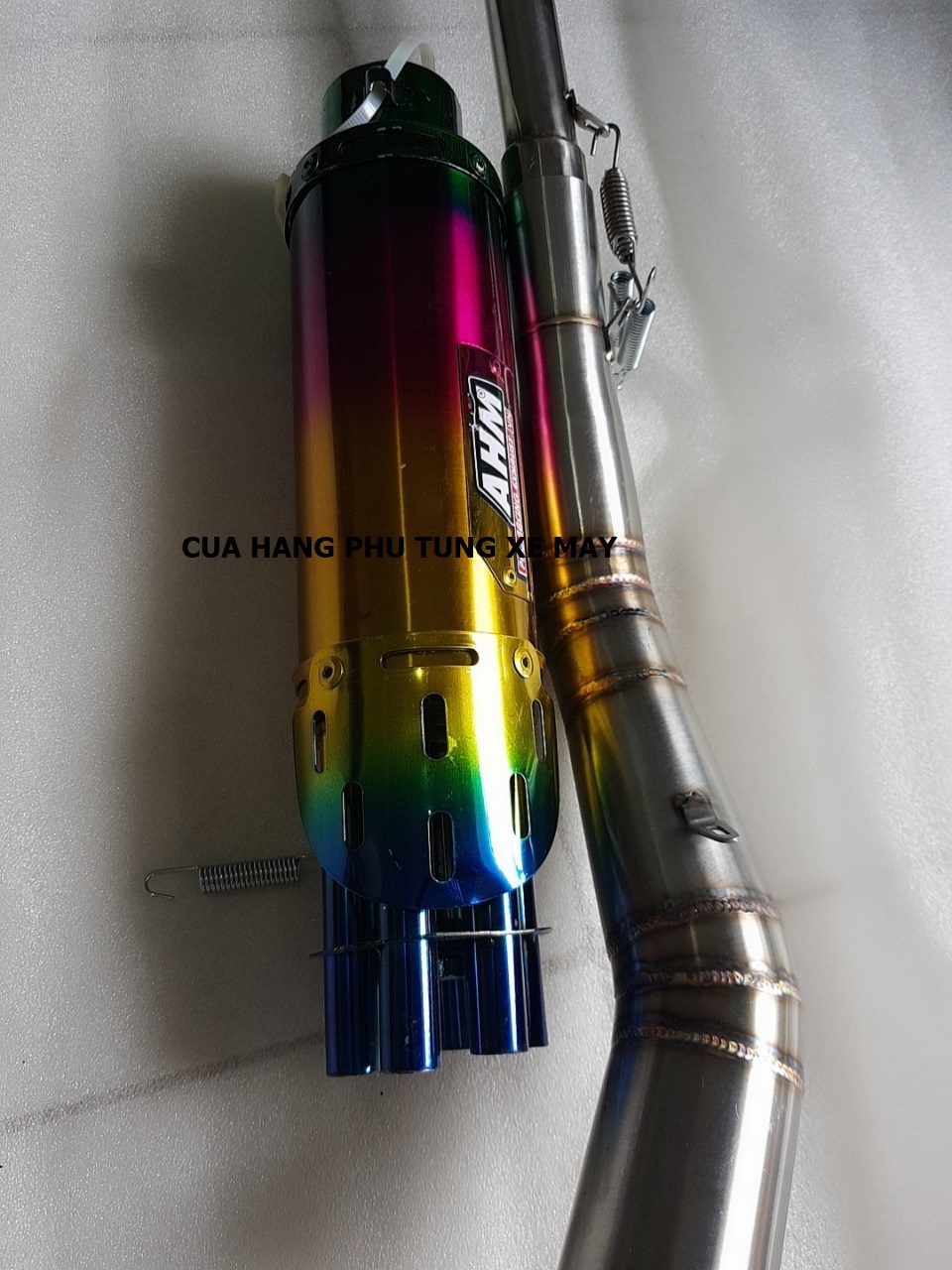 Pô AHM 6 nòng gắn xe Dream, Wave, Sirius, Cub (kèm cổ 2 khúc inox 304 xịn + pát treo + lò xo)