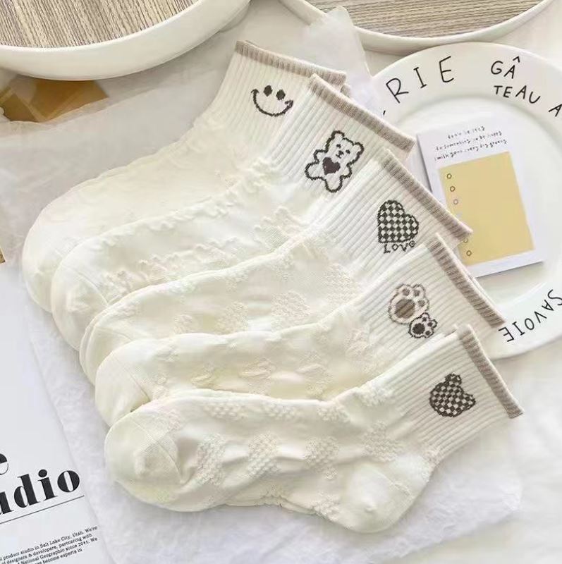 Set 5 đôi tất vớ nữ cao cổ gấu caro 2022