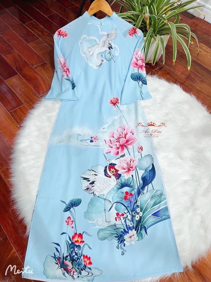 Áo dài lụa gấm xanh cao cấp