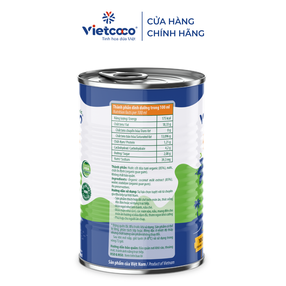 Nước cốt dừa tươi Organic Vietcoco - lon 400ml