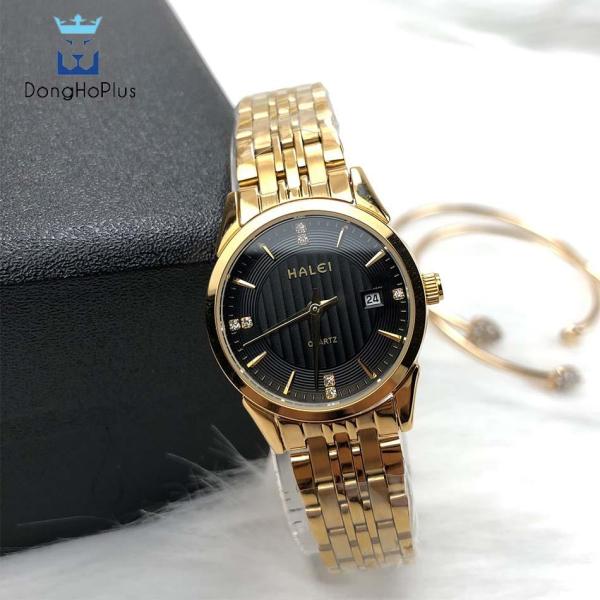 Đồng hồ nữ Halei HL562 vàng mặt đen chống xước, chống nước + tặng kèm dự phòng pin AG4 + lắc tym vàng