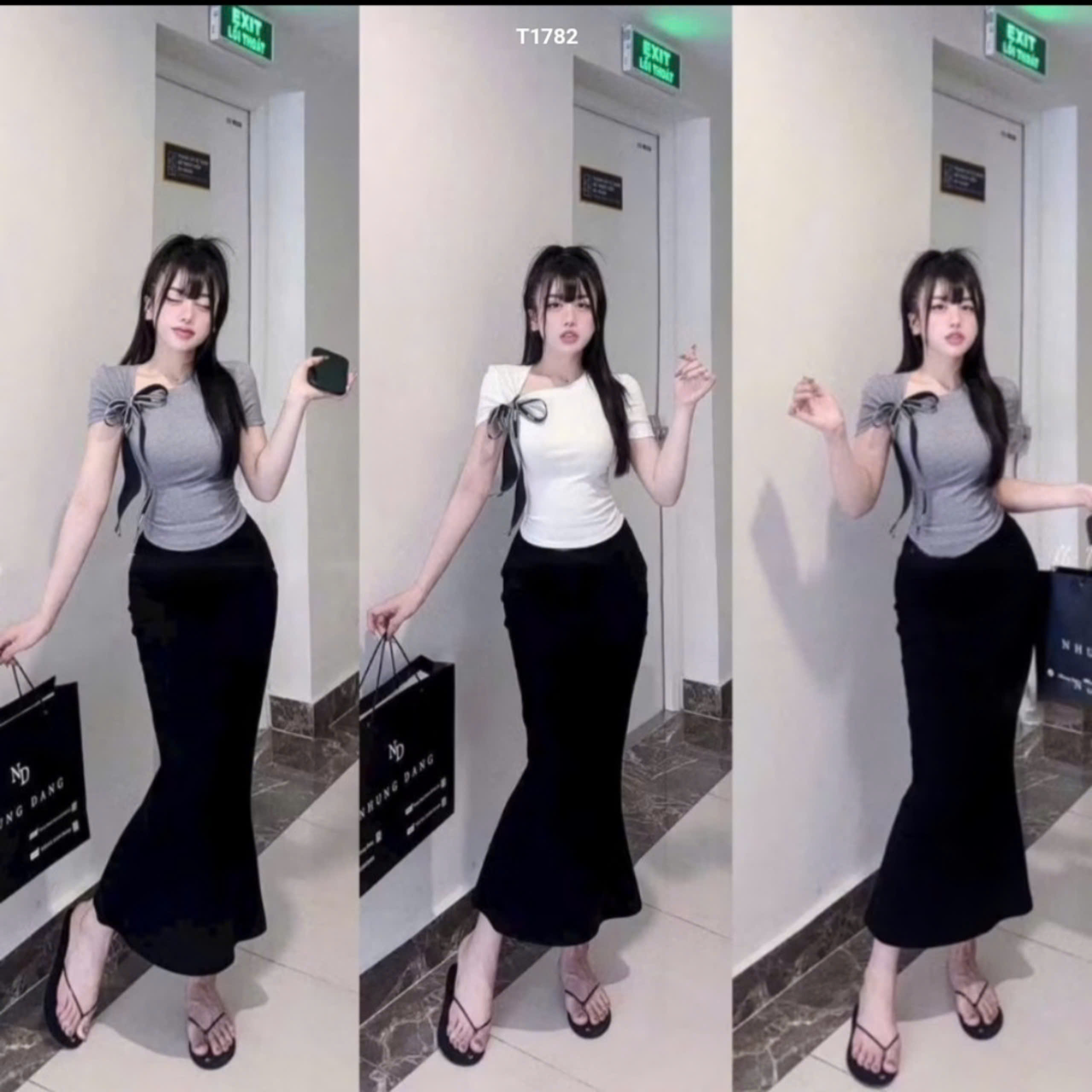 Sét áo tăm lạnh lại bầu phối nơ ruy băng kèm chân váy body đuôi cá Sam Closet Phù Hợp Để Tới Công Sở, Đi Làm T1782