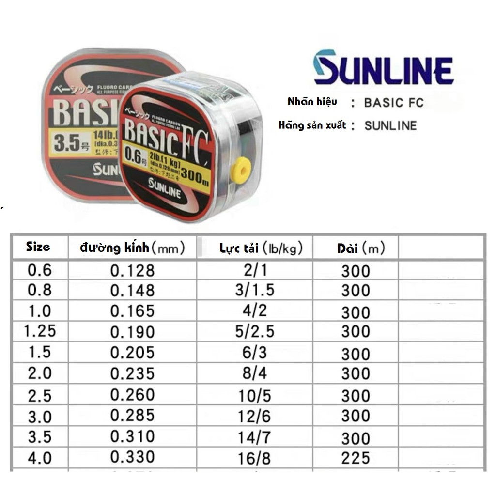 Cước Câu Cá Cao Cấp  SUNLINE BASIC  FC 300M NHẬP KHẨU  (sale)
