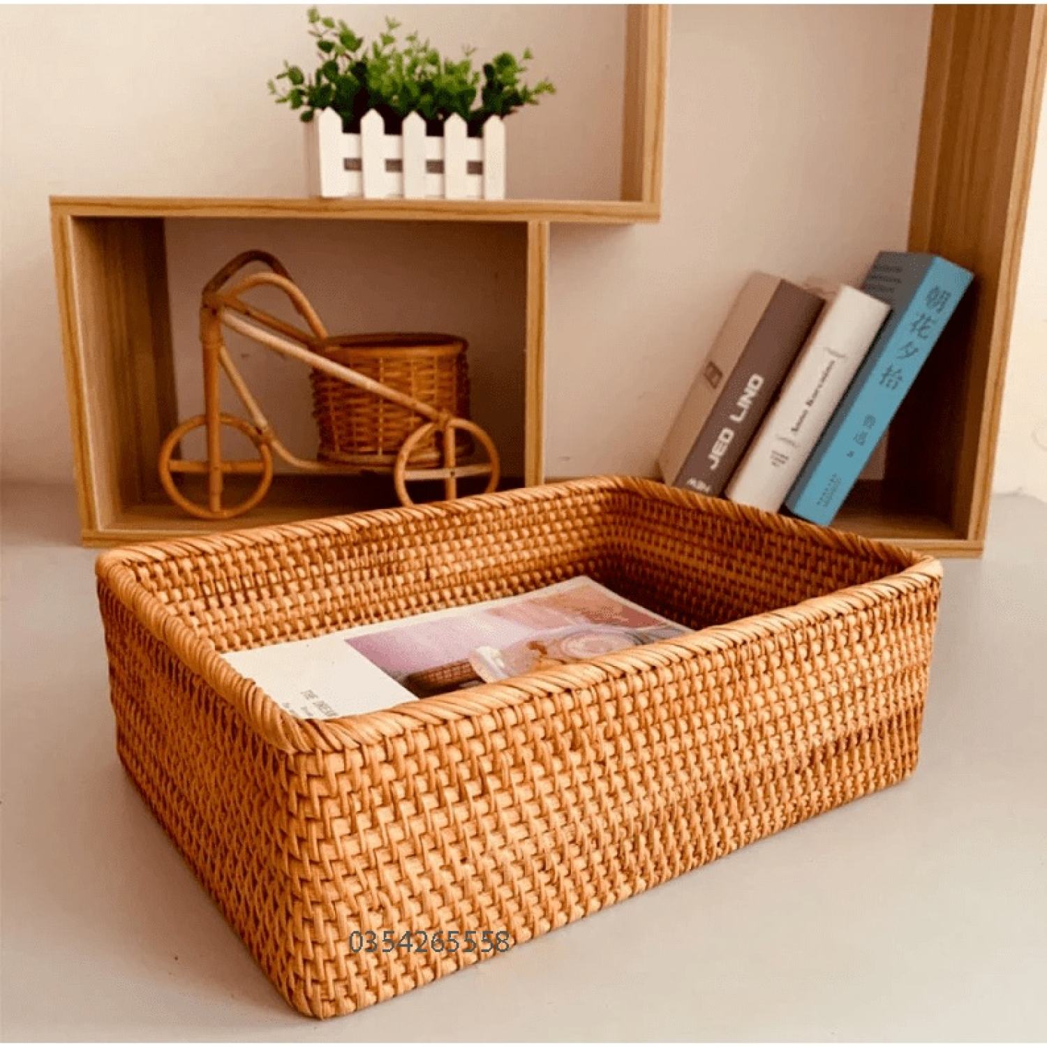khay mây chữ nhật đựng vật dụng, trái cây