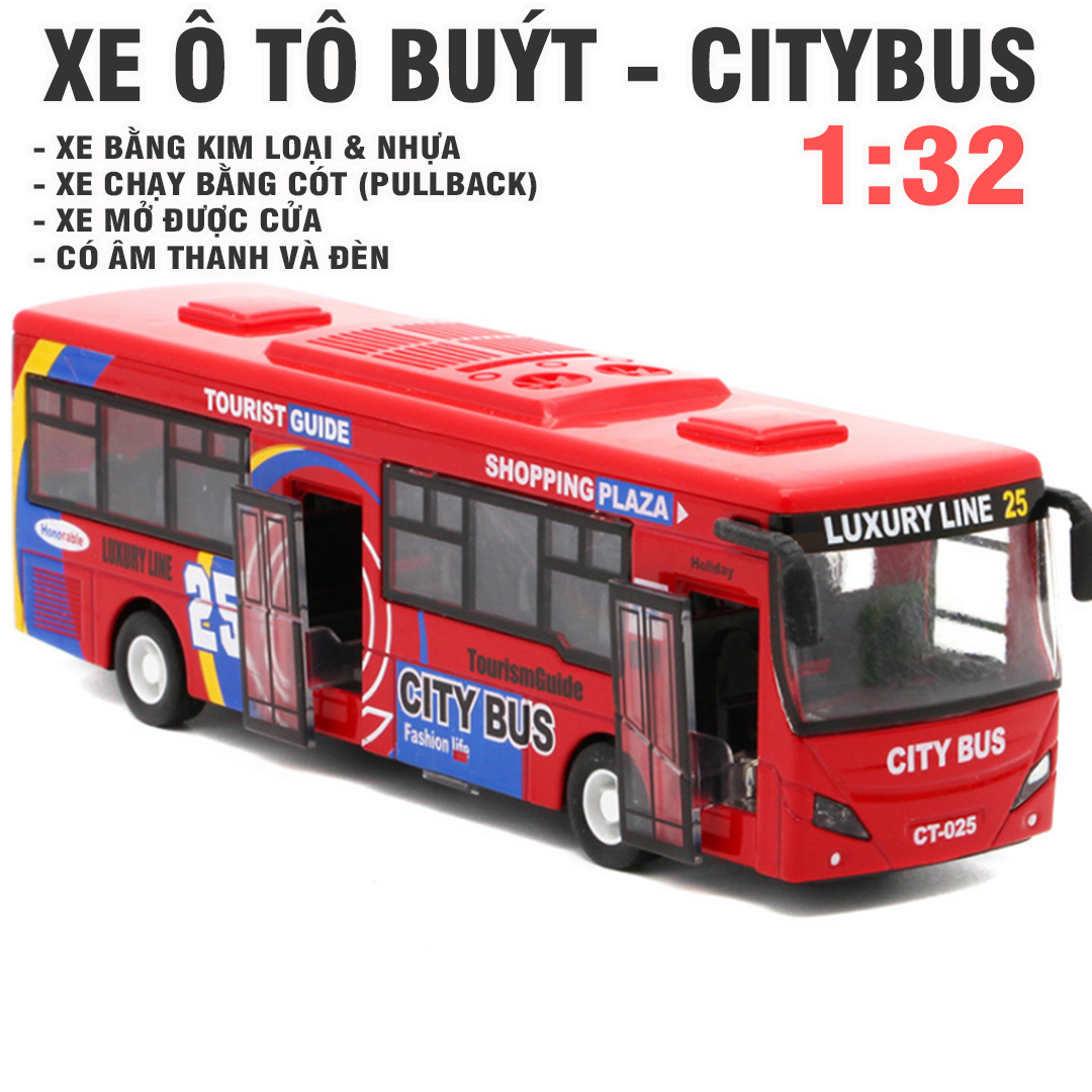 Xe buýt bằng KIM LOẠI chạy cót xe ô tô Đồ chơi trẻ em có đèn và âm thanh