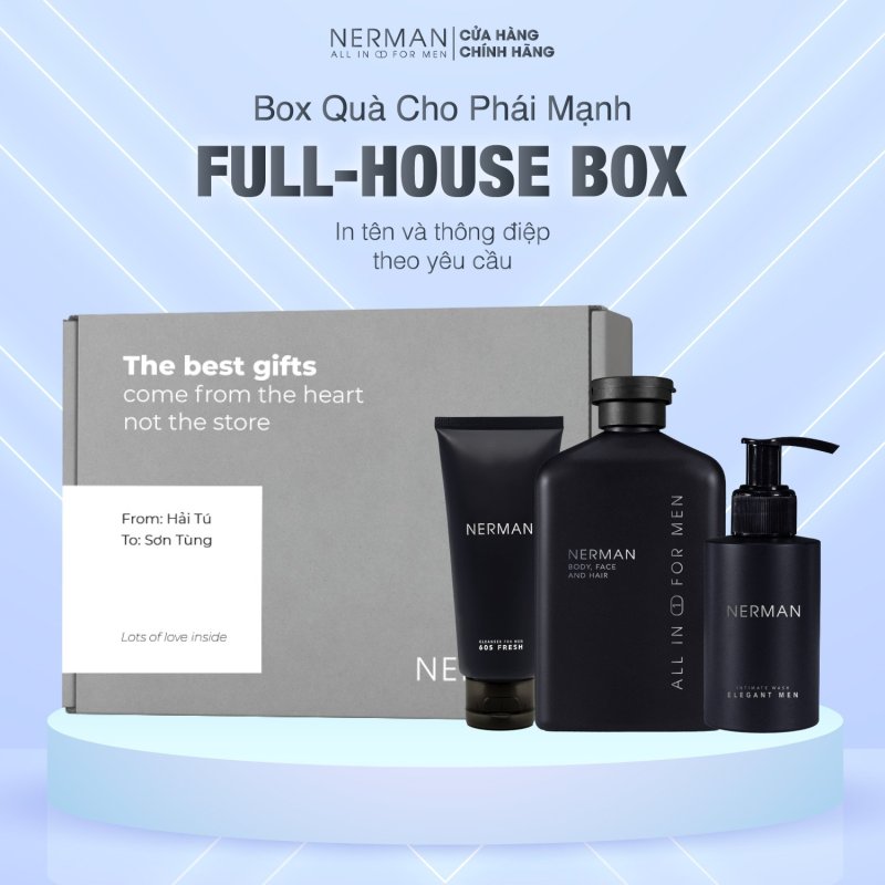 Bộ quà tặng nam giới FULL-HOUSE BOX - Sữa tắm gội hương nước hoa 3in1 350ml & Dung dịch vệ sinh nam giới 50g & Gel rửa mặt Nano Curcumin 100ml nhập khẩu