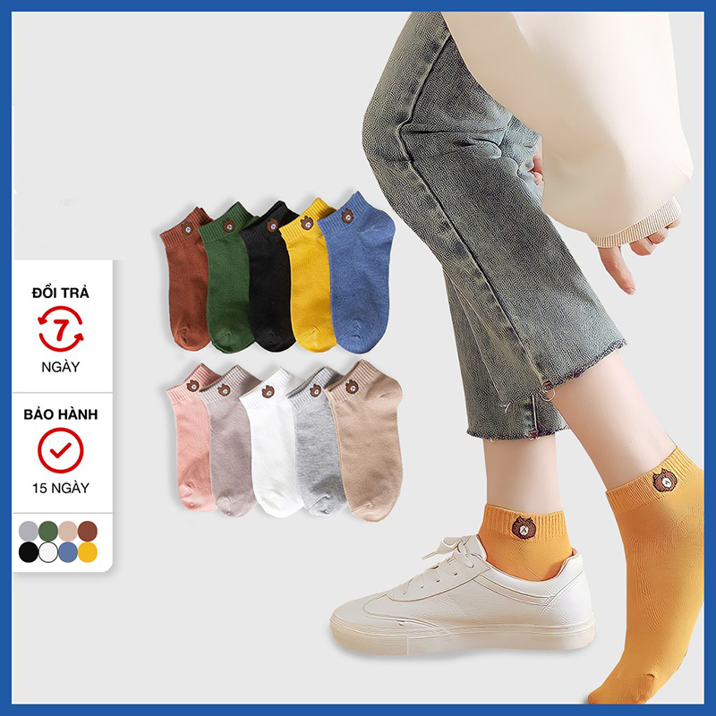 Set 5-10 đôi tất vớ ulzzang trơn cổ ngắn hình gấu brown, set 10 đôi tất gấu brown , tất nữ cổ thấp vintage kiểu dáng hàn quốc