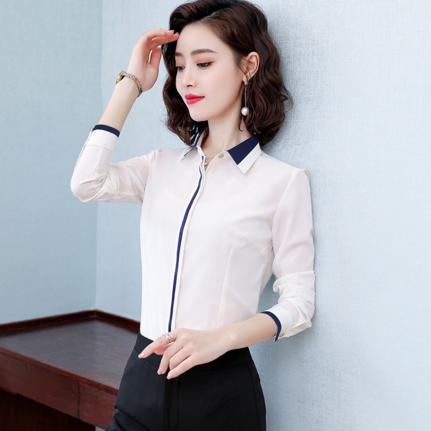 Áo sơ mi nữ công sở dài tay phối viền xanh cổ tay áo VCT000 thời trang PONIVALAZA sang trọng Chất liệu cao cấp không nhăn không xù không phai màu