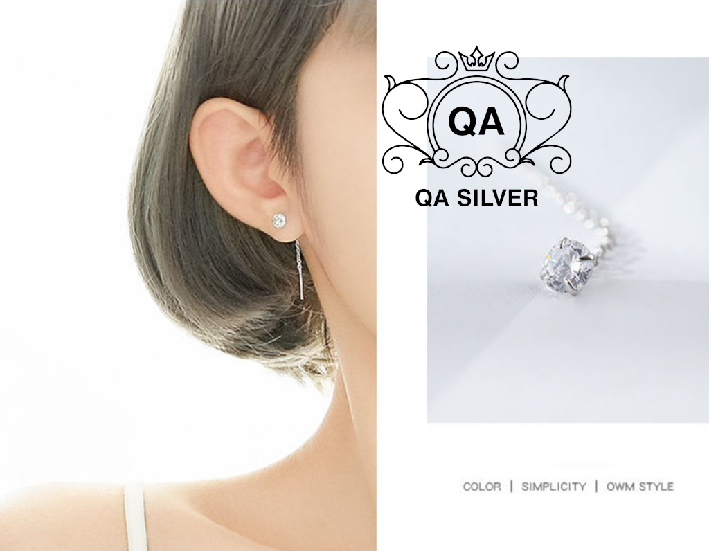 Khuyên tai bạc 925 dáng dài nụ đính đá đen trắng bông nữ S925 CHAIN QA SILVER Earrings EA250503