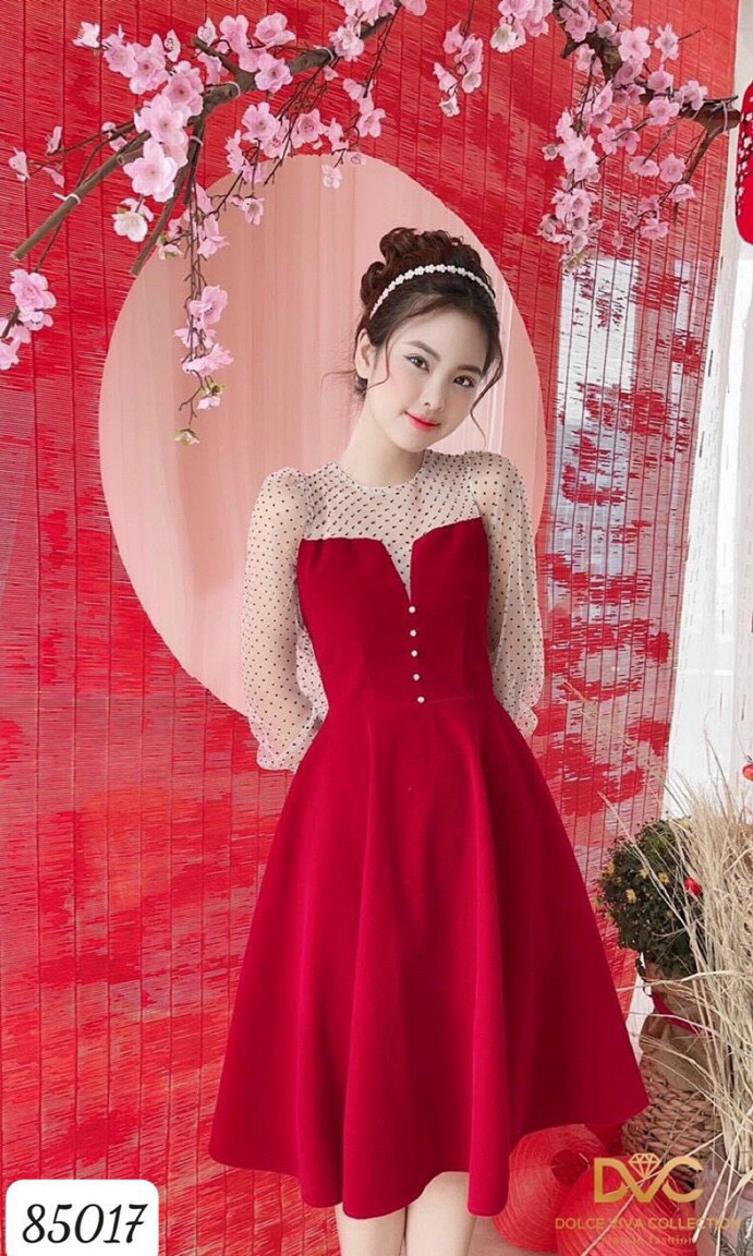 Đầm nữ umi nơ cổ sang chảnh dáng xòe phối lưới bi nhung hot trend th