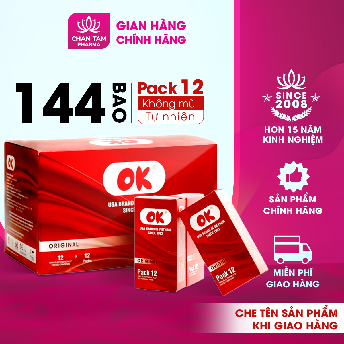 [CHE TÊN SẢN PHẨM] Bao cao su OK không mùi original – hộp 144 cái