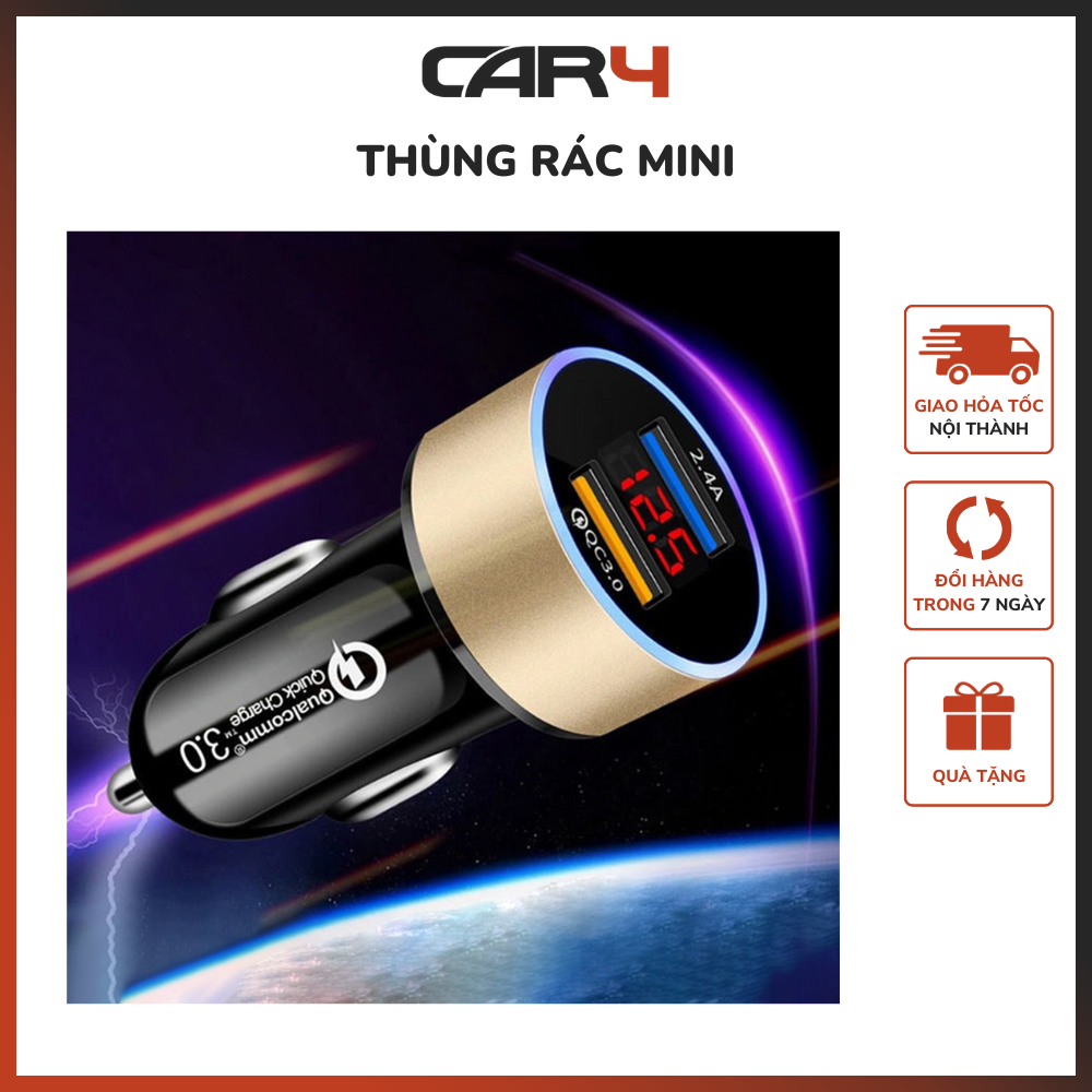 Tẩu sạc nhanh ô tô QC 3.0 2 cổng USB hiển thị điện áp Car4 - (KM Khai Trương)