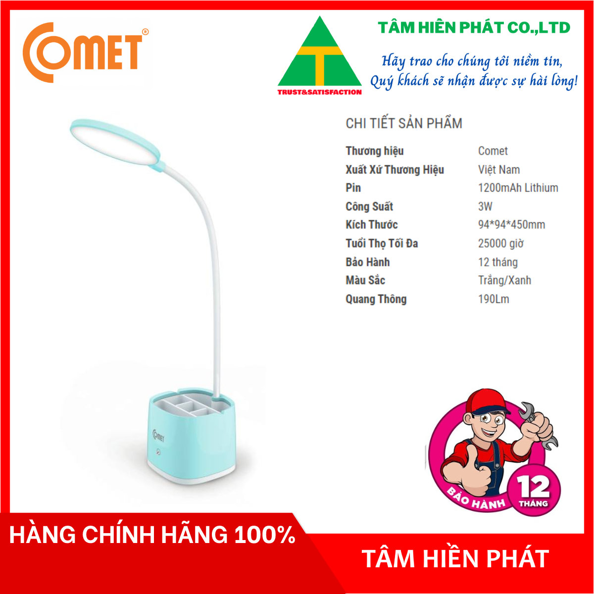 Đèn Bàn Sạc Led COMET CT178 - Hàng chính hãng