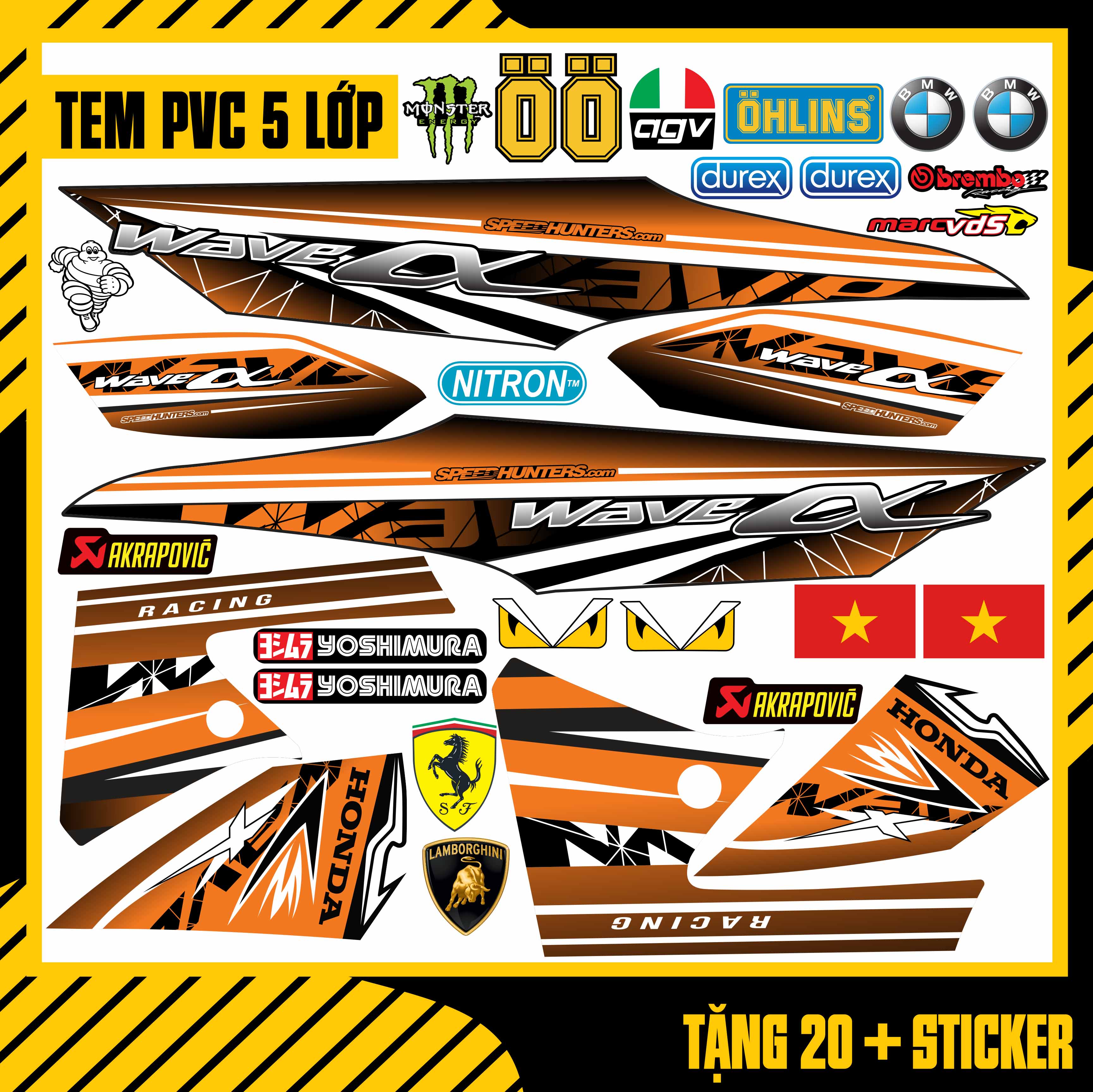 Tem Rời Xe Wave Alpha Polygon Cam Đen | WA01 | Chất Liệu PVC Chống Nước, Chống Bay Màu | Azdecal