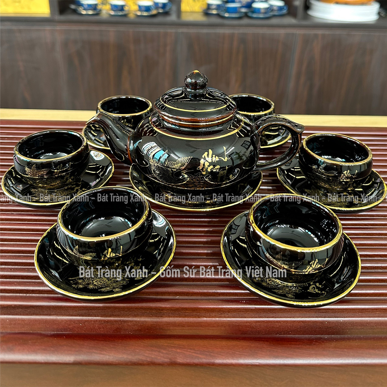 Bộ Ấm Chén Men Đen Bóng VInh Hoa Phú Quý - Bộ Ấm Trà Bát Tràng Đẳng Cấp