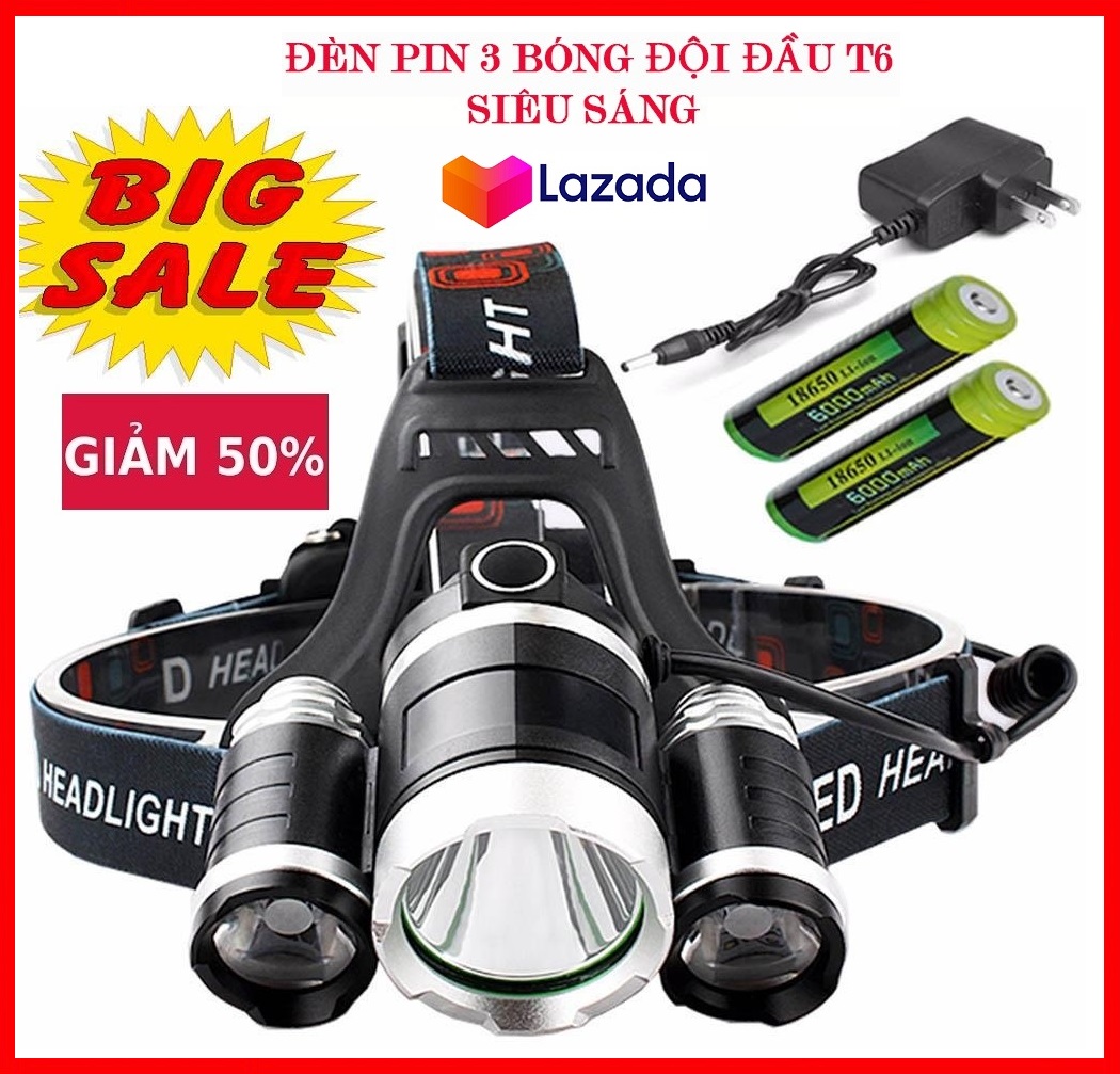 Dien Pin Sieu Sang - (Đèn Tốt )Đèn Pin Đội Đầu Siêu Sáng - Đèn Pin Led Siêu Sáng Đội Đầu 3 Bóng (Đen) Nhiều Chế Độ Tặng Kèm Pin Và Sạc