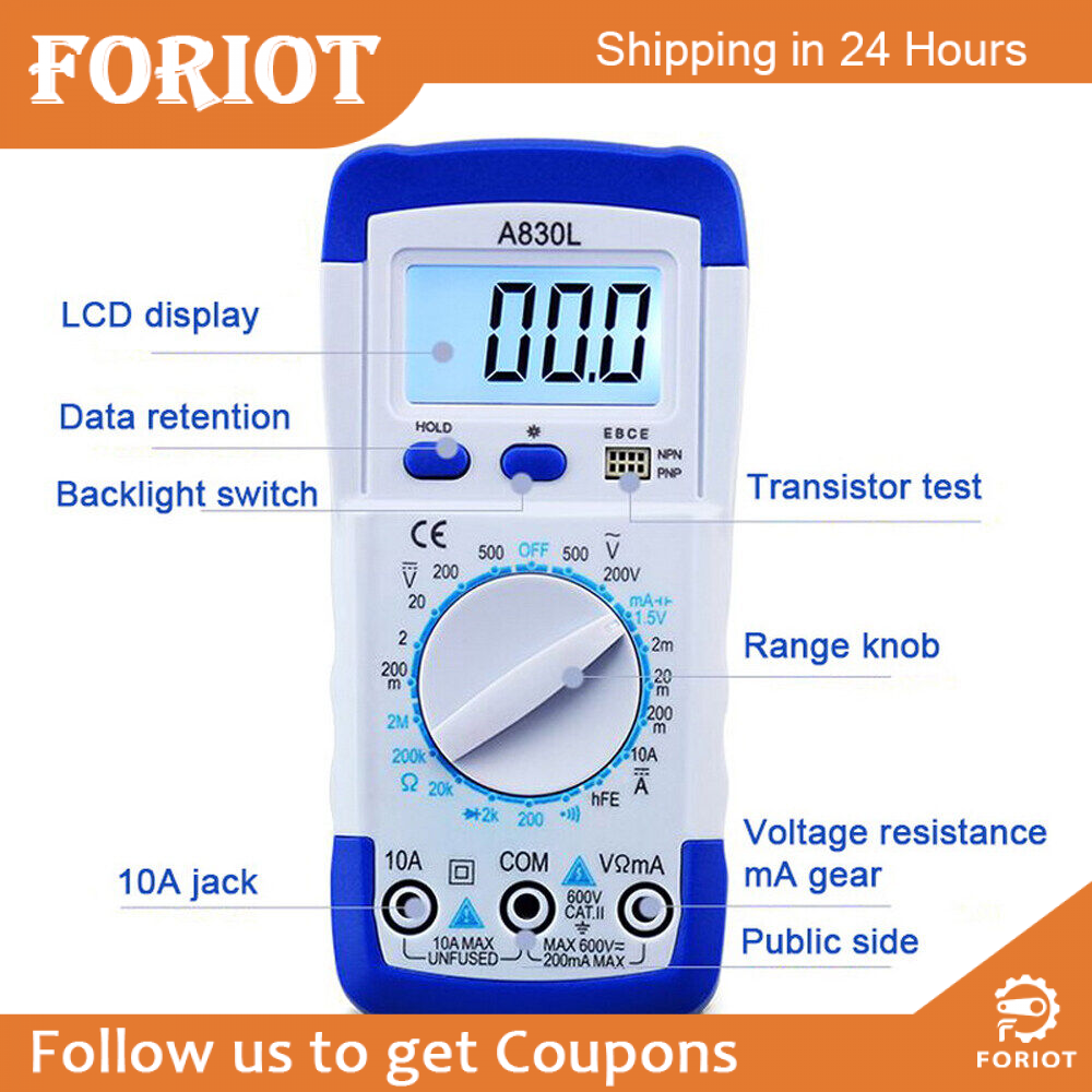 Foriot LCD Digital Multimeter A830L AC DC Voltage Diode Freguency Multitester Current Tester Luminous Display with Buzzer Function