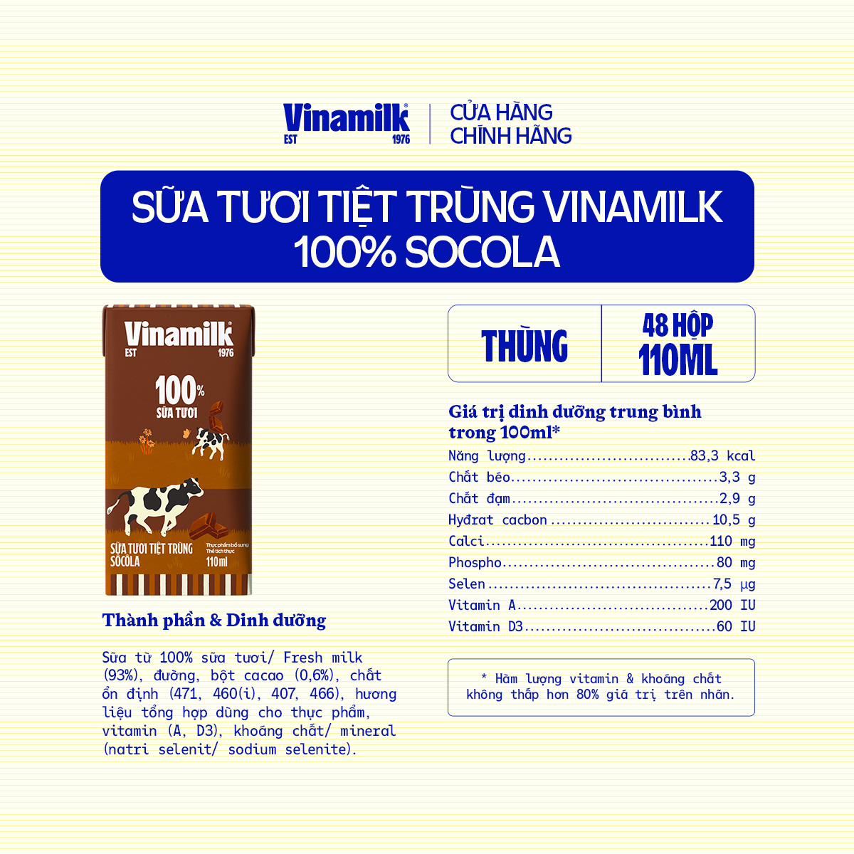 Thùng 48 hộp sữa tươi Vinamilk 100% socola 110ml