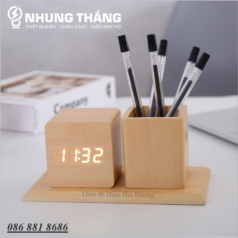 Đồng Hồ Gỗ Led Để Bàn Hình Vuông Bằng DH-96 - Kiêm Ống Đựng Bút - 4 Màu Thanh Lịch - Trang Trí Decor Vintage Căn Phòng - Tặng Pin - Có Video