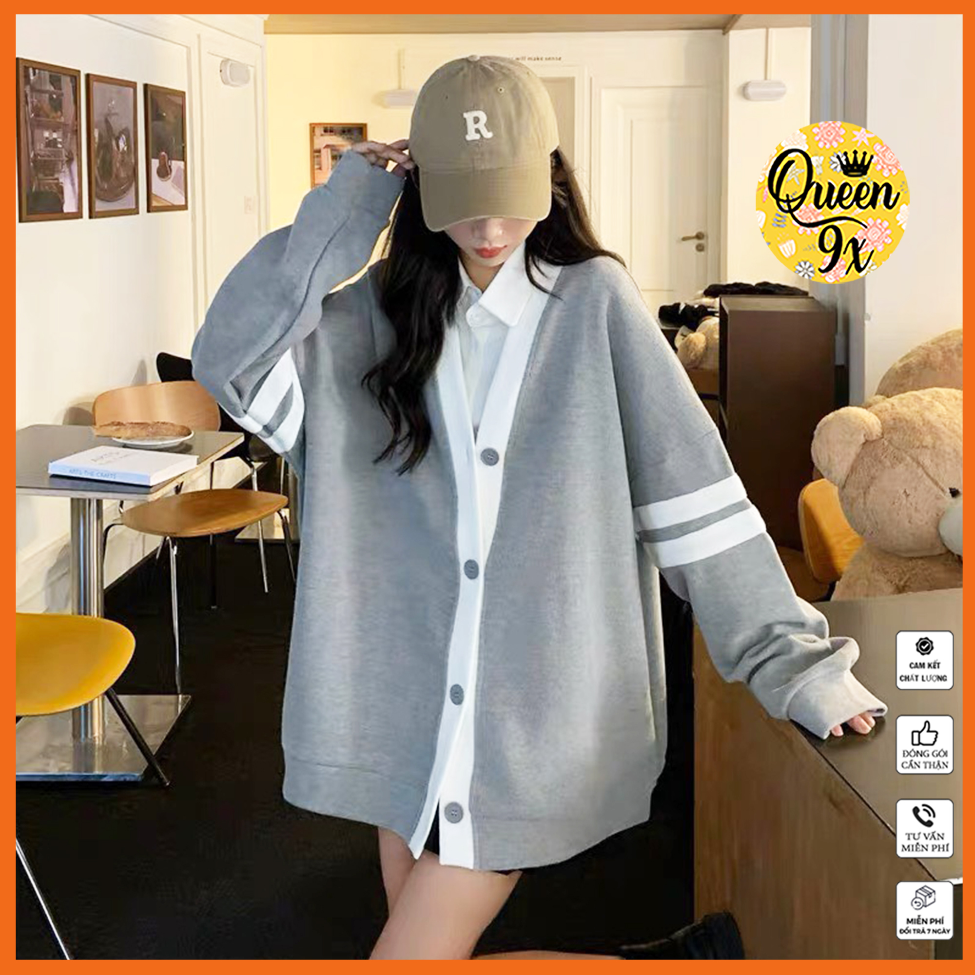 Áo Khoác Cardigan 2 Sọc Tay Xám Đen Nâu Basic