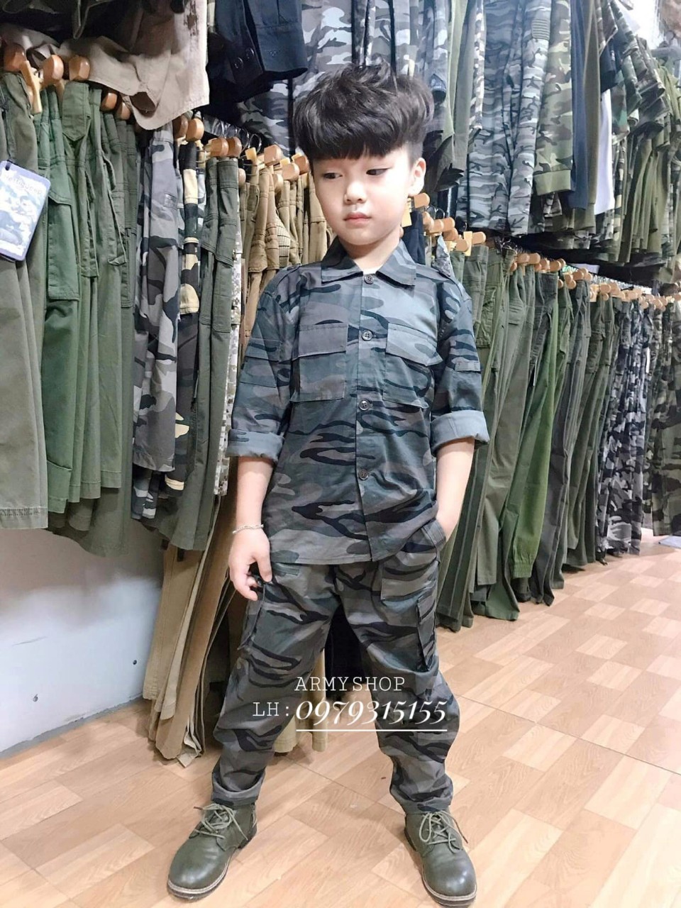 Bộ quần áo lính rằn ri ghi tím trẻ em