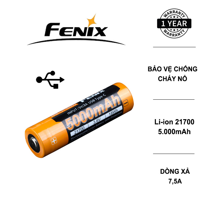 Pin sạc fenix 21700 dung lượng 5000 mah cổng sạc usb