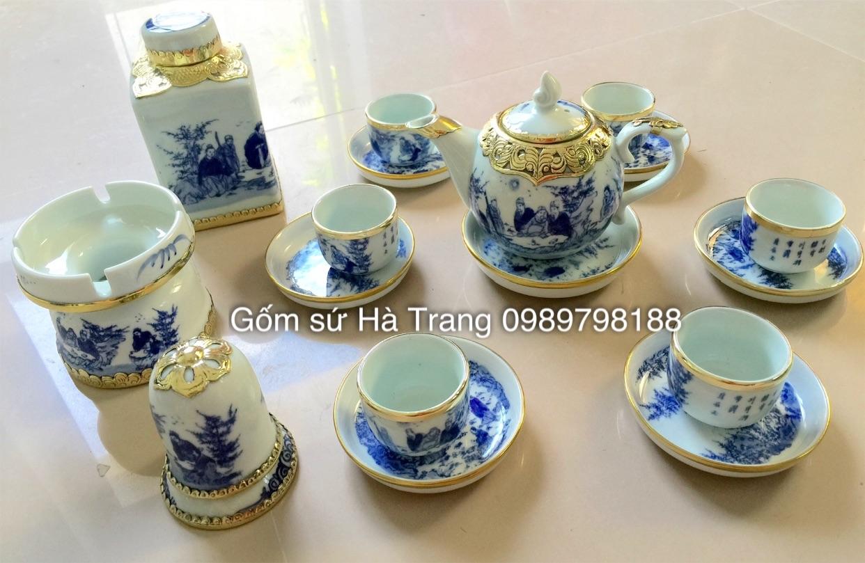 Bộ ấm chén Bát Tràng dáng chóp lửa hoạ tiết trúc lâm thất hiền bọc đồng