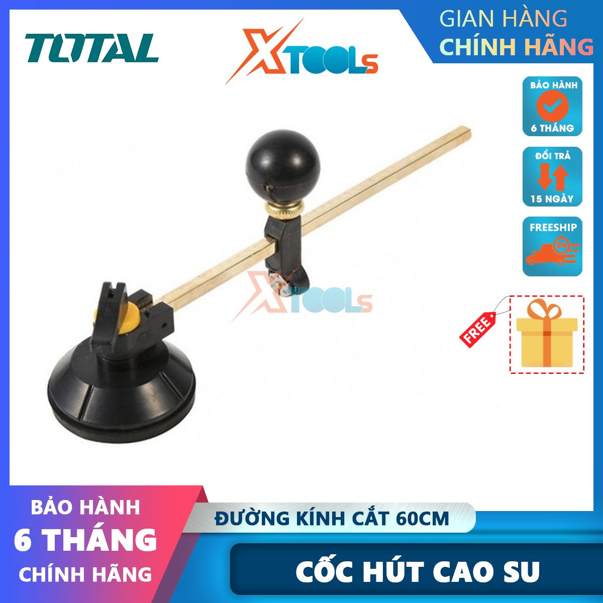 Dao cắt kiếng hình compa 600mm total tgct16001, dao cắt 6pcs yg6x, cốc hút cao su, thước đo kim loại, đường kính cắt: 60cm xtools