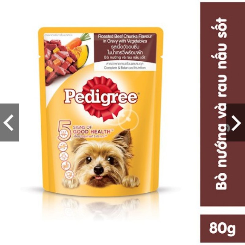 THỨC ĂN PEDIGREE DẠNG PATE SỐT CHO CHÓ LỚN VỊ bò nướng và rau nấu sốt Gói 80g Xuất xứ Thái Lan