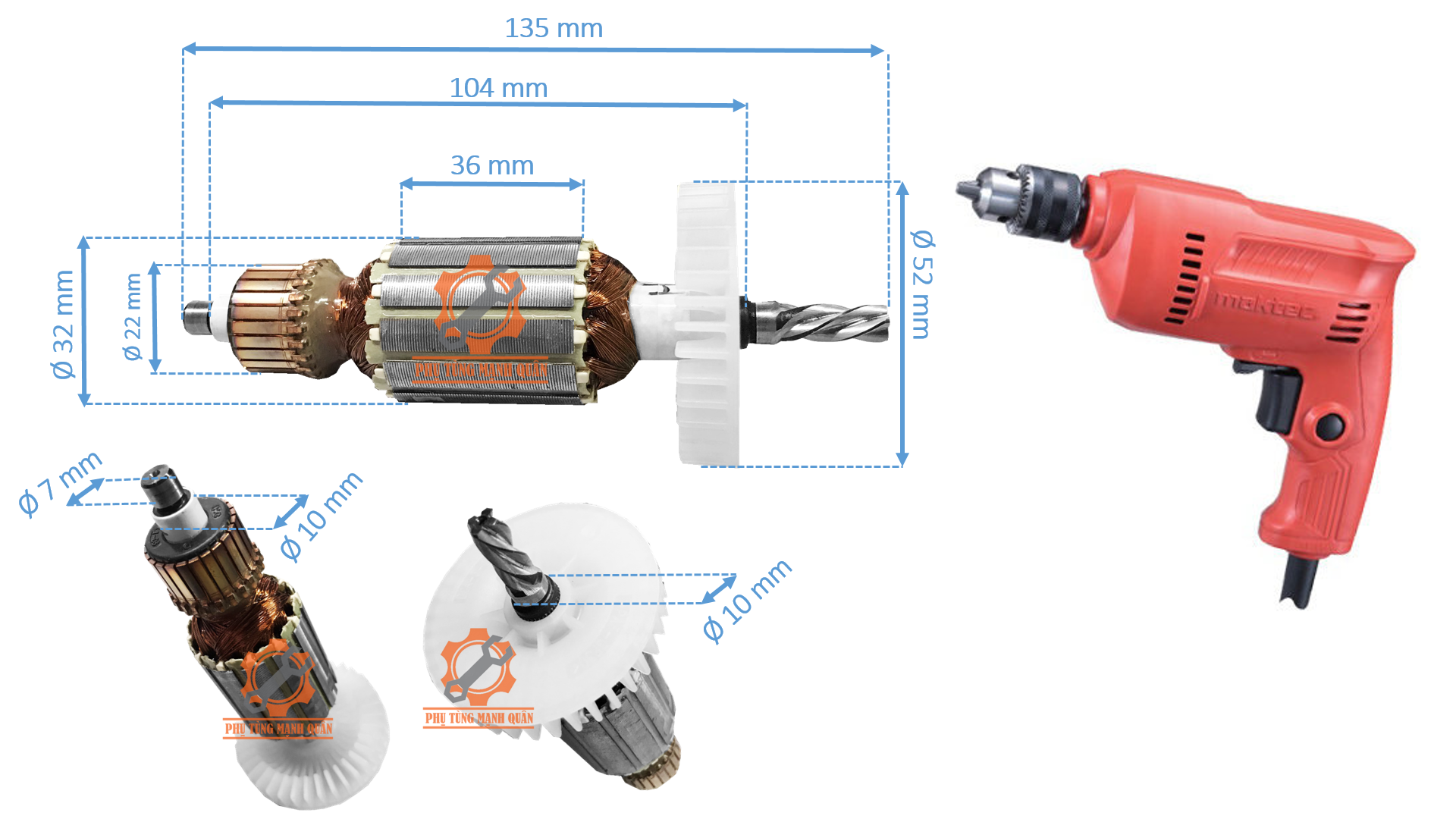 rotor/ruột máy khoan MAKTEC MT60 / MT817. MT 60, MT 817 tặng kèm chổi than cao cấp