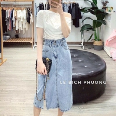 Chân váy dài cạp cao dài qua gối