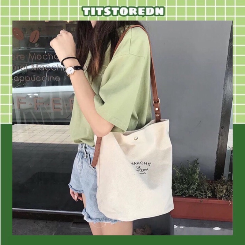 Túi tote đeo chéo vải cavas quai da kèm ví