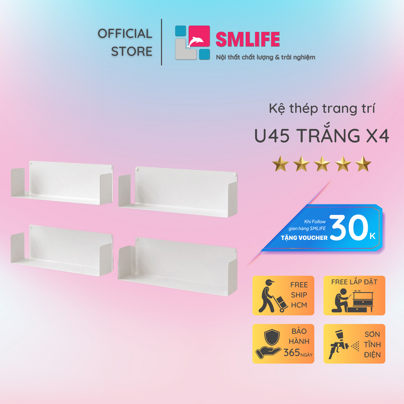 Kệ sách treo tường chữ U 45 (Set 4) - Kệ treo tường bằng thép dày 1,6mm - Sơn tĩnh điện màu Trắng / Đen hiện đại - Tặng kèm bộ ốc vít và đầu bịt ốc