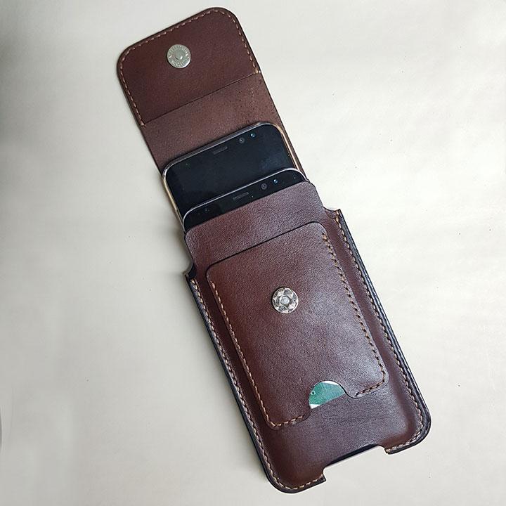 Bao da đựng 2 điện thoại - samsung - iphone - đồ da thủ công - da bò thật bv0244