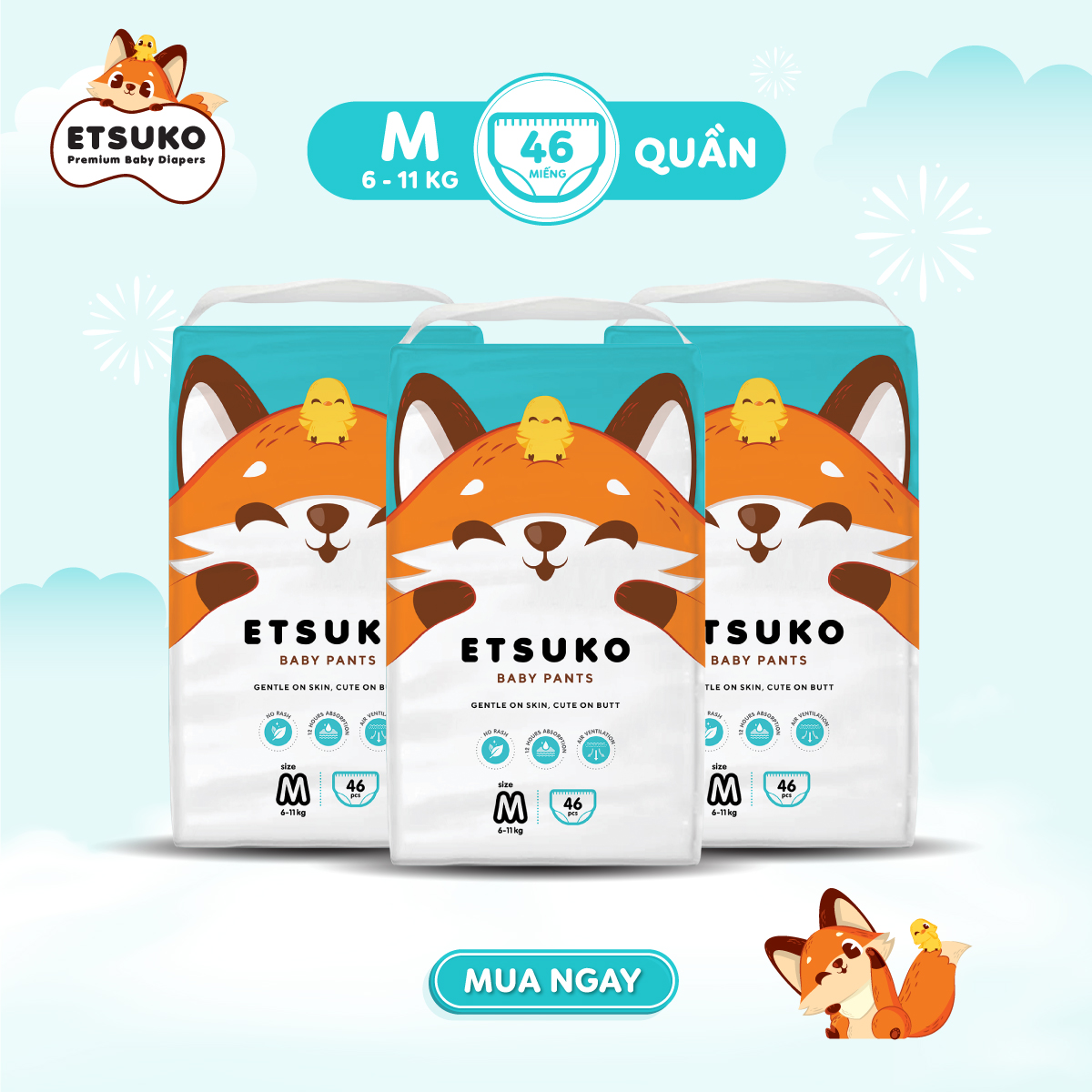 Combo 3 bịch tã quần Etsuko size M 46 PCS