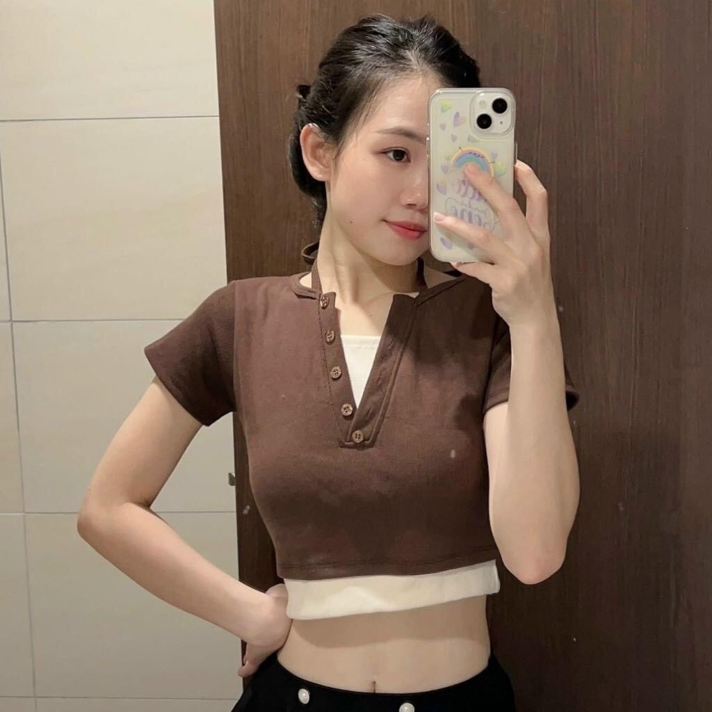 Áo croptop gân tay ngắn giả yếm