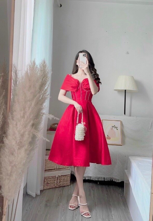 Đầm tapta hai dây trễ vai ôm eo dáng dài xòe cực xinh đẹp nữ tính đi chơi dự tiệc hàng siêu cấp