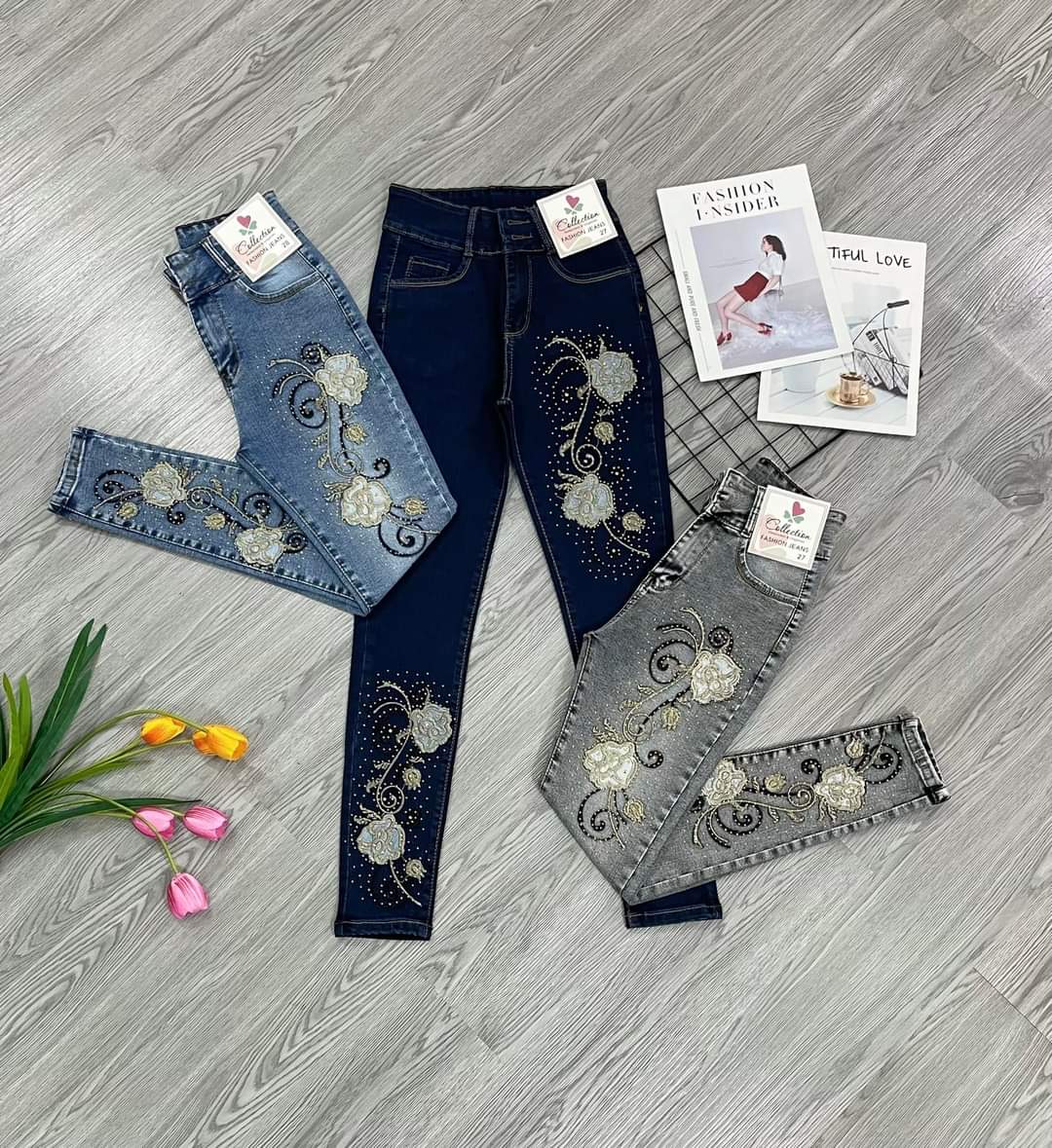 Quần jean dài nữ thêu hoa lưng cao 2 nút hàng co giãn có size đại