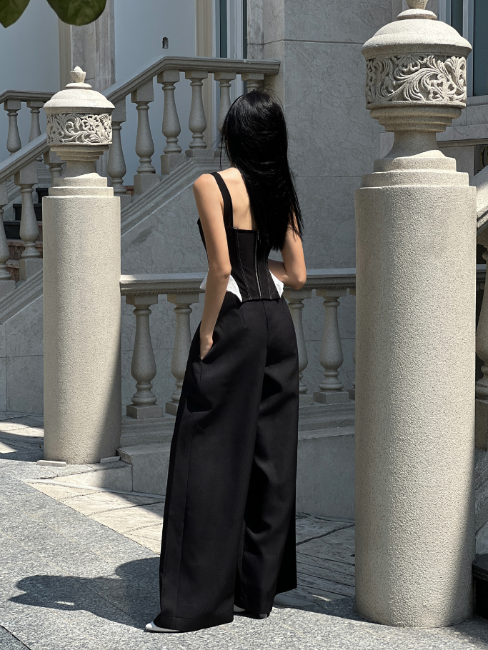 COCO SIN - Áo Corset Nhung Đen Phối Ren