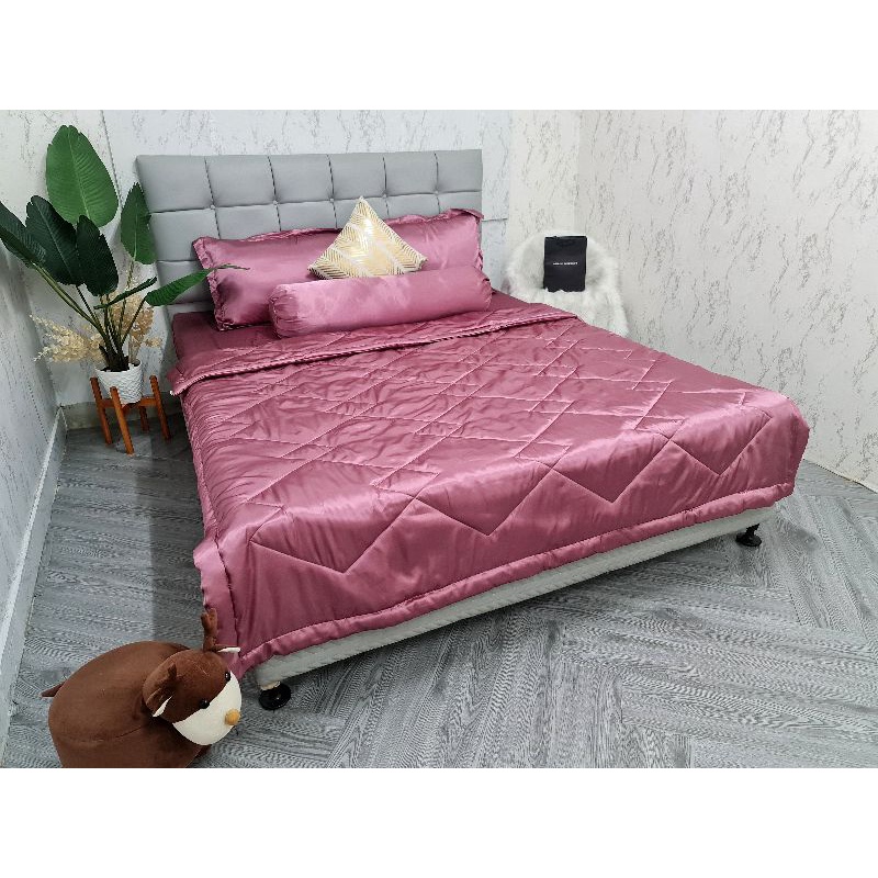 Bộ 5 món 4 món Chăn ga phi lụa Thái Tuấn cao cấp loại 1 - Mã màu phi lụa Hồng Ruốc