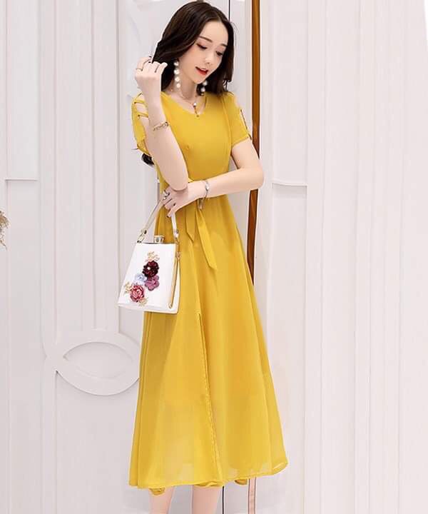 Đầm xòe đầm maxi đầm dự tiệc Big Size chất chiffon ngắn tay dài phủ gối  kiểu dáng suông có kèm belt