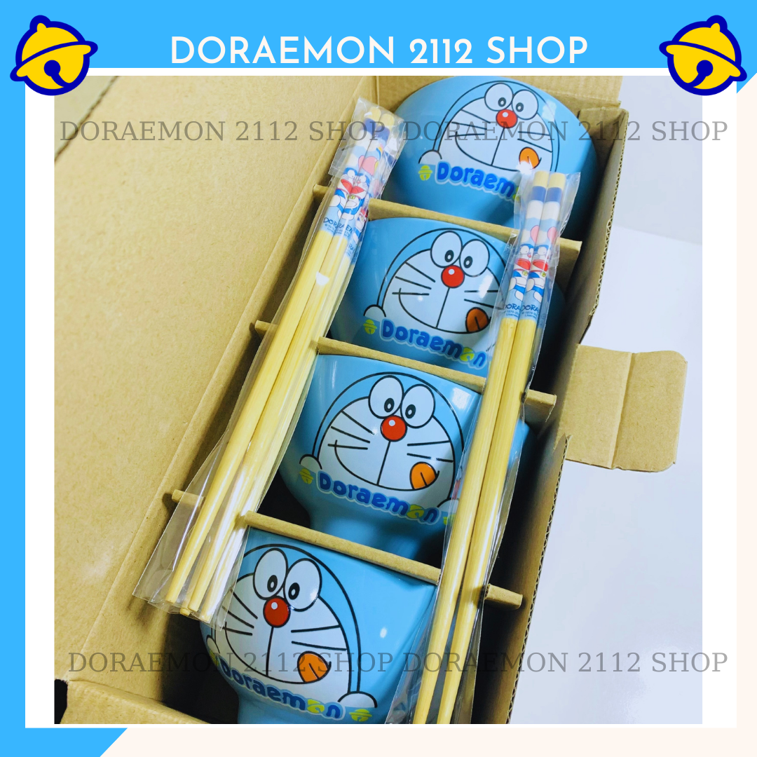 COMBO 4 chén sứ + 4 đôi đũa Doraemon