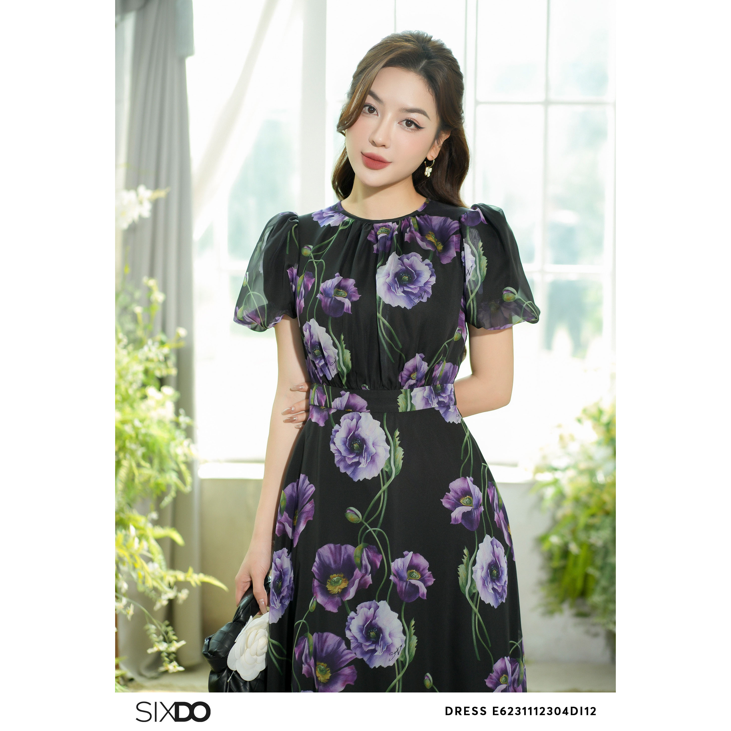 Đầm tơ organza tay phồng SIXDO (Print Organza Midi Dress)