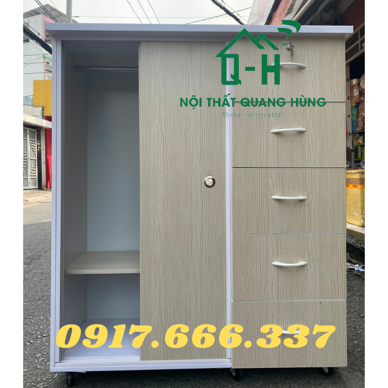 Tủ nhựa đài loan 2 cánh 5 ngăn màu kem cửa lùa - 1m25x1m06x42cm
