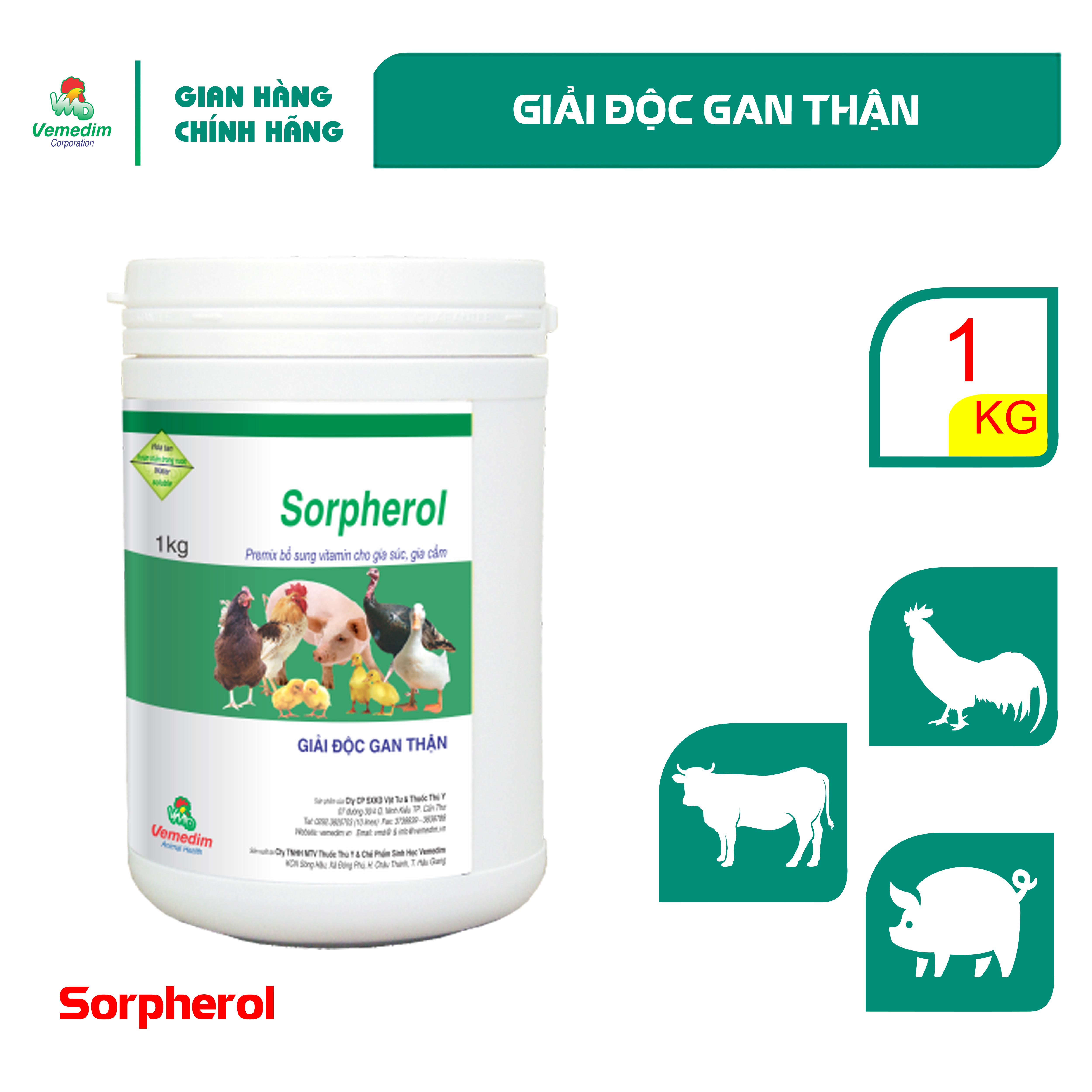 "Hoàn tiền đến 10%" Vemedim Sorpherol giải độc gan, kích thích ăn ngon cho gia súc, gia cầm, lon 1kg