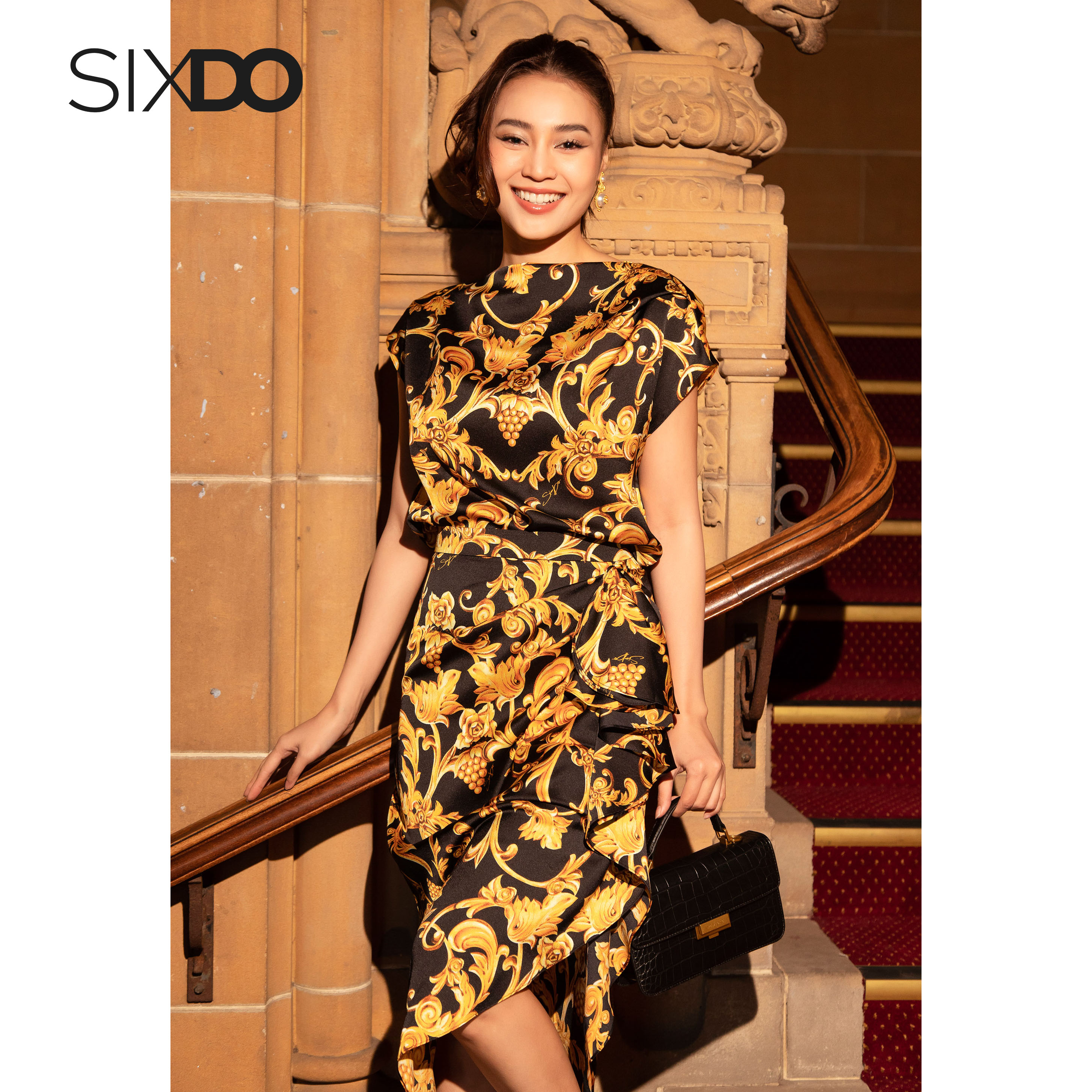 Chân váy lụa nhúm eo họa tiết baroque SIXDO (Black Baroque Print Midi Silk Skirt)