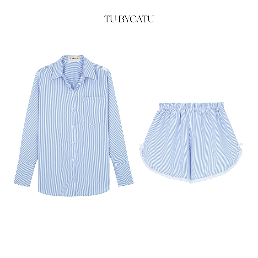 Tubycatu | set áo sơ mi sọc xanh + short phối ren