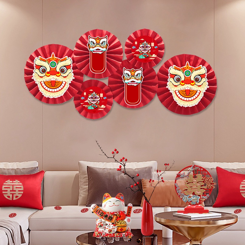 Set 6 Quạt Giấy Tròn Đầu Lân Trang Trí Lễ Tết