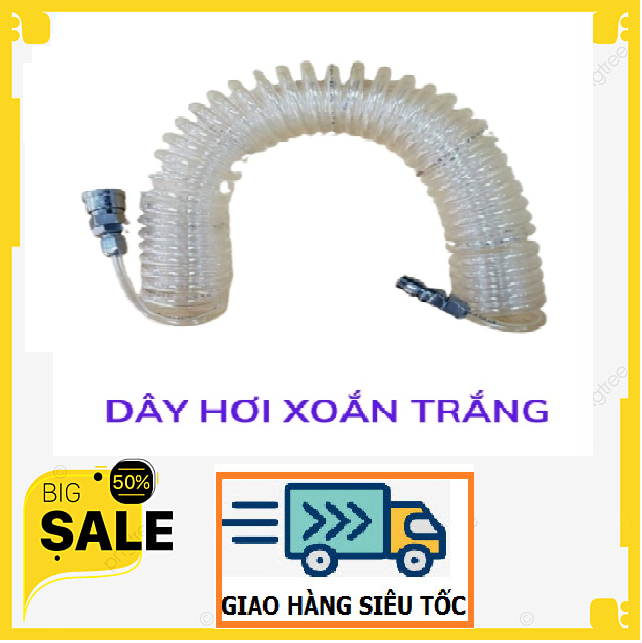 Dây hơi khí nén xoắn -màu trắng đài loan- kèm sẵn 2 đầu nối